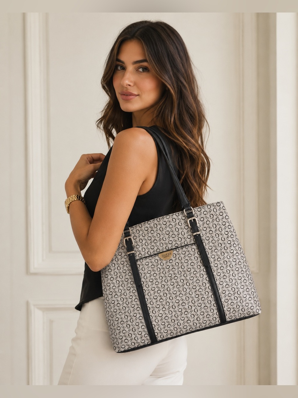 GUESS Balzano Signature Monogram Tote Bag - Gray/Black Excellent Condition